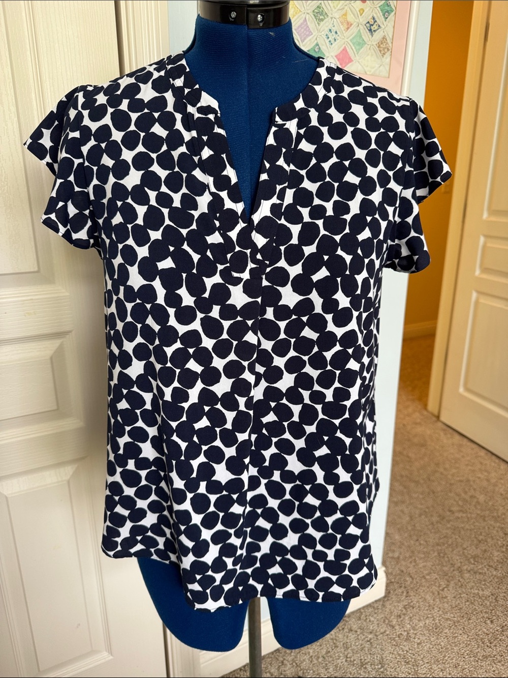 Calvin Klein Navy and White Dot Flutter Sleeve Blouse